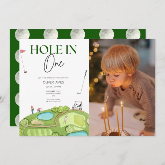 1人の少年の最初の誕生日に穴 招待状 (正面/裏面)