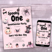 1人不気味女の子かわいいピンクのハロウィーン1歳の誕生日 招待状