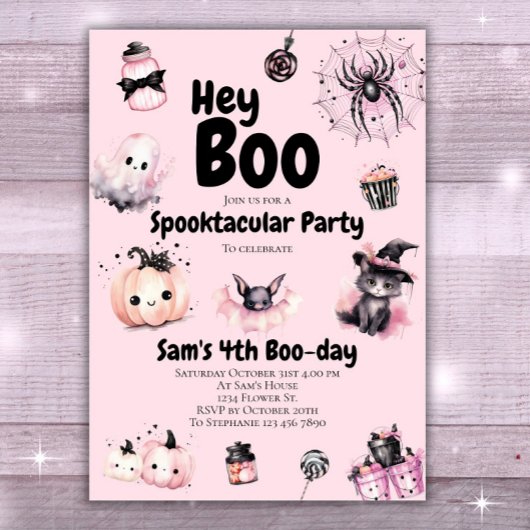 1人不気味女の子かわいいピンクのハロウィーン1歳の誕生日 招待状