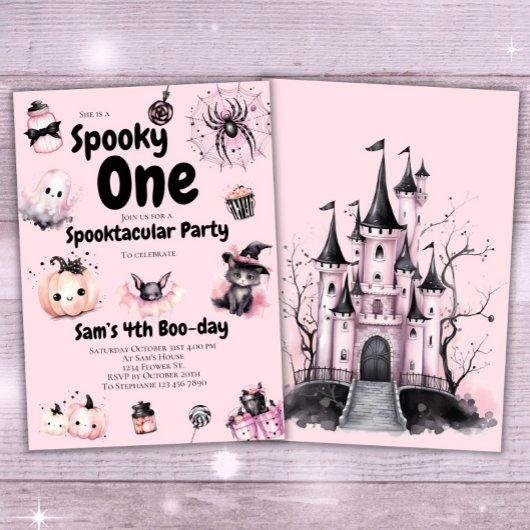 1人不気味女の子かわいいピンクのハロウィーン1歳の誕生日 招待状