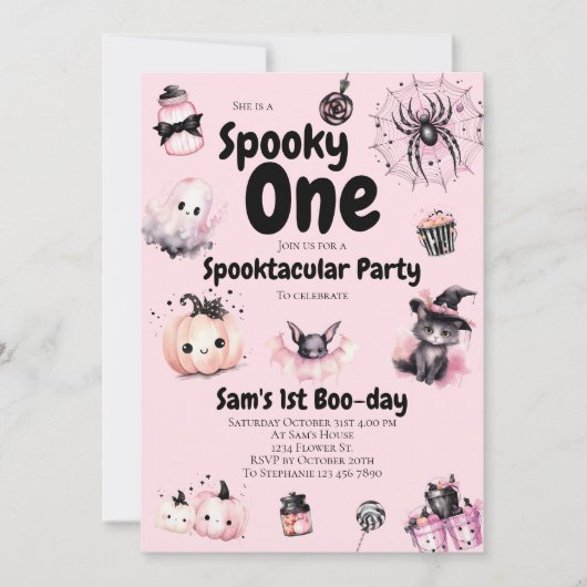 1人不気味女の子かわいいピンクのハロウィーン1歳の誕生日 招待状 (正面)