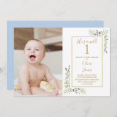 1人目の男の子、1歳の誕生日の緑の写真 招待状 (正面/裏面)