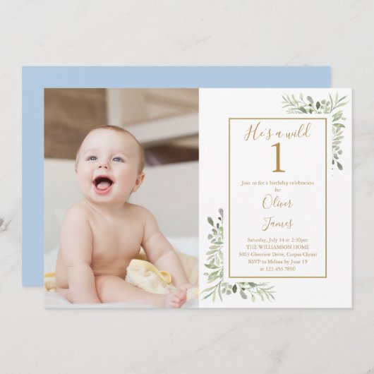 1人目の男の子、1歳の誕生日の緑の写真 招待状 (正面/裏面)