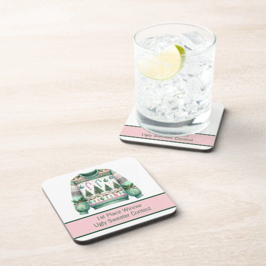 1位優勝者の醜いセーターのコンテスト緑ピンク コースター (右側)