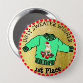1位醜いセーター勝者クリスマス金ゴールドメダル 缶バッジ (正面&裏面)