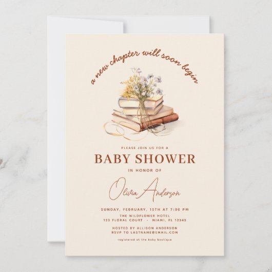 1冊の本で新しい章が赤ちゃんのシャワーを始める 招待状 (正面)