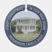 1写真の新しいホームアドレス初めてのクリスマスネイビーブルー ガラスオーナメント (正面)