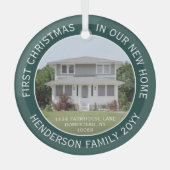 1写真の新しいホームアドレス初めてのクリスマス緑 ガラスオーナメント (正面)