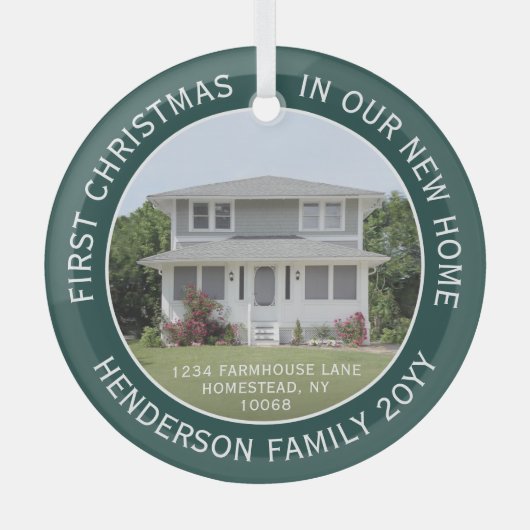 1写真の新しいホームアドレス初めてのクリスマス緑 ガラスオーナメント (正面)