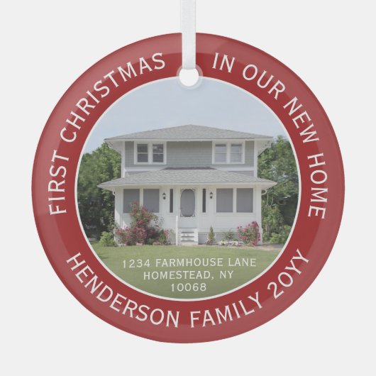 1写真の新しいホームアドレス初めてのクリスマス赤 ガラスオーナメント (正面)