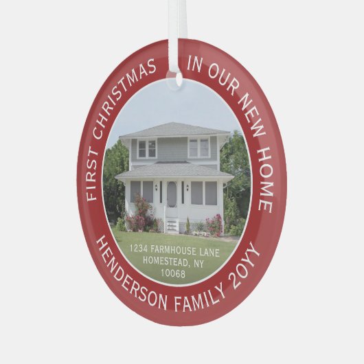1写真の新しいホームアドレス初めてのクリスマス赤 ガラスオーナメント (正面左)