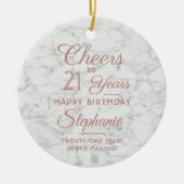 1写真任意の誕生日ピンク白フェイク大理石ラウンド セラミックオーナメント (正面)