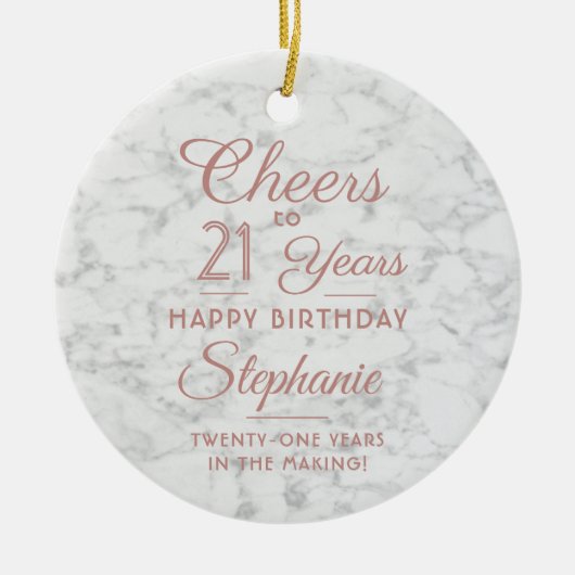 1写真任意の誕生日ピンク白フェイク大理石ラウンド セラミックオーナメント (正面)