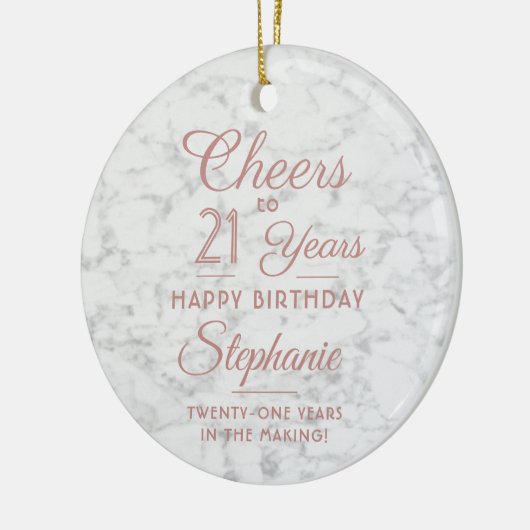 1写真任意の誕生日ピンク白フェイク大理石ラウンド セラミックオーナメント (左)