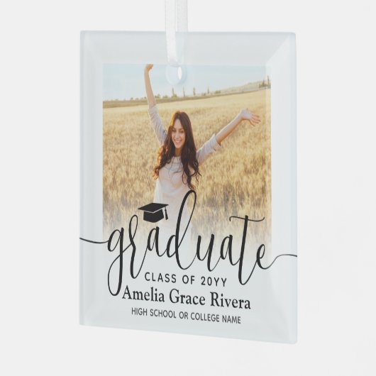 1写真卒業エレガントブラックスクリプトクラス年 ガラスオーナメント (正面左)