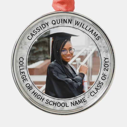 1写真卒業エレガント大理石フェイク白黒 メタルオーナメント (正面)