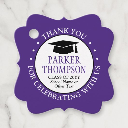 1写真卒業サンキューパープル&ホワイトファンシー フェイバータグ (正面)