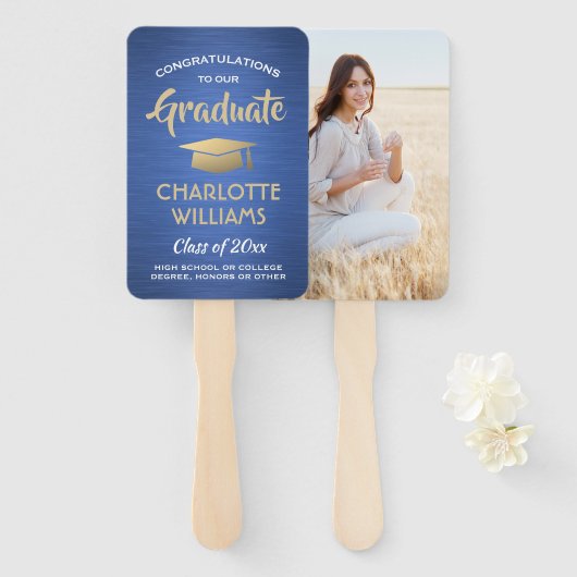 1写真卒業ブラッエレガントシュブルー金ゴールドホワイト ハンドファン (正面&裏面)