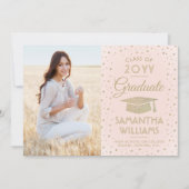 1写真卒業モダン赤面ピンク金ゴールドグリッター 招待状 (正面)