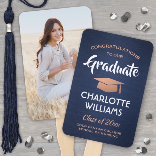 1写真卒業式ブラッシュドネイビーブルーホワイト銅 ハンドファン