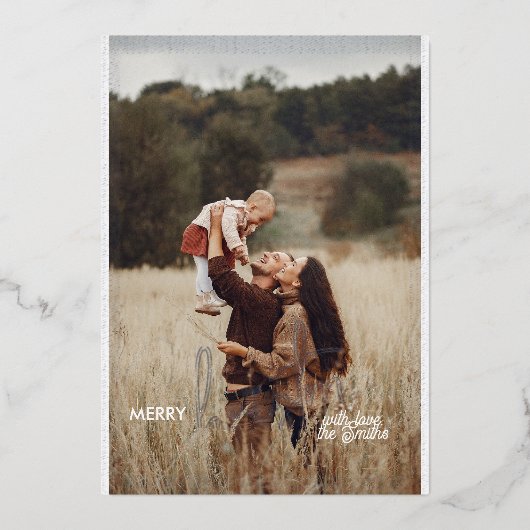 1写真手書きスクリプトメリークリスマス 箔シーズンカード (正面)