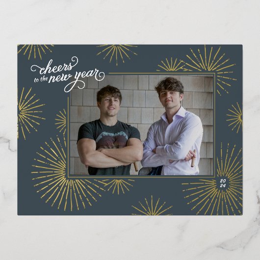1写真新年Fireworksホイルホリデーポストカード 箔シーズンポストカード (正面)