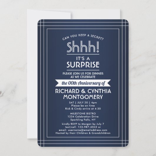 1写真記念日サプライズパーティーネイビーブルーホワイト 招待状 (正面)