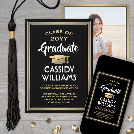 1写真黒エレガント金ゴールド白モダン卒業 案内状