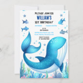 1匹クールの魚の青いジンベイザメ1歳の誕生日 招待状 (正面)