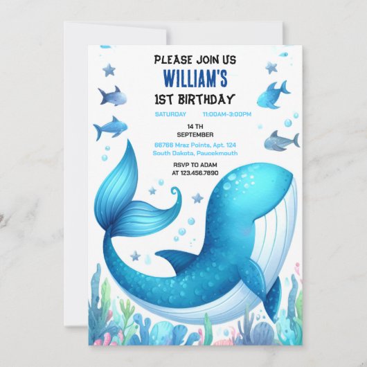 1匹クールの魚の青いジンベイザメ1歳の誕生日 招待状 (正面)