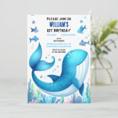 1匹クールの魚の青いジンベイザメ1歳の誕生日 招待状 (スタンド正面)