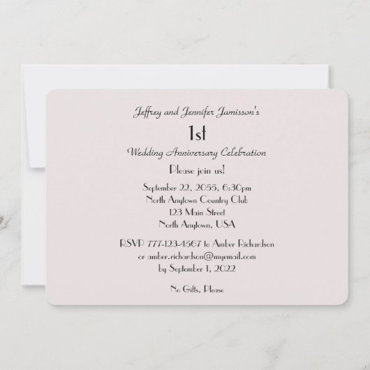 1周年パーティー招待状、ピンクのバラの花 招待状 (裏面)