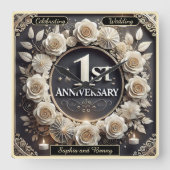 1周年記念のフローラエレガントデザインのマイルストーン スクエア壁時計 (正面)