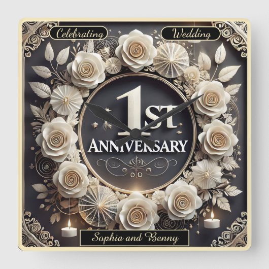1周年記念のフローラエレガントデザインのマイルストーン スクエア壁時計 (正面)