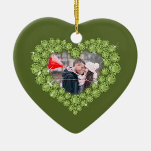  1周年記念結婚のフォトカスタムハートグリーン セラミックオーナメント (正面)