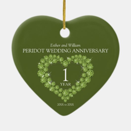  1周年記念結婚のフォトカスタムハートグリーン セラミックオーナメント (裏面)