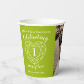 1周年記念結婚の概要ハート写真グリーン 紙コップ (正面)
