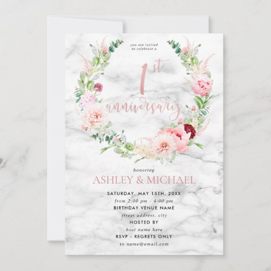 1周年記念結婚バラエレガント金ゴールドフローラ 招待状 (正面)