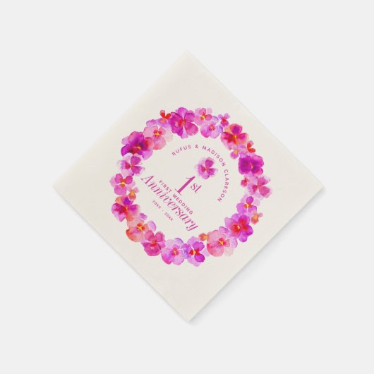 1周年記念結婚パーティーピンクパンジー スタンダードカクテルナプキン (角)