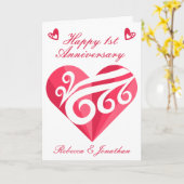 1周年記念結婚ピンクハートパーソナライズされた カード (黄色い花)