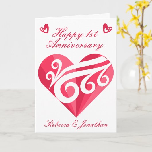 1周年記念結婚ピンクハートパーソナライズされた カード (黄色い花)