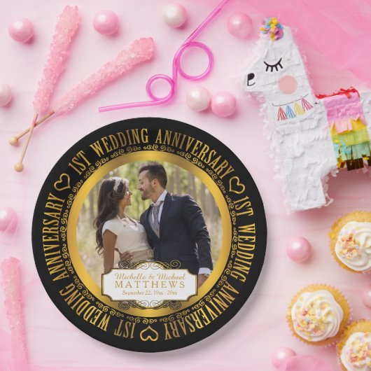 1周年記念結婚フォトブラック | ゴールドトーン ペーパープレート (パーティー)