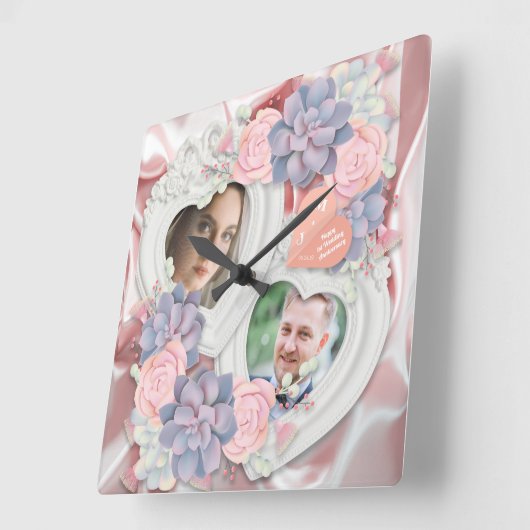 1周年記念結婚ヴィンテージフローラフォトクロック スクエア壁時計 (傾斜)