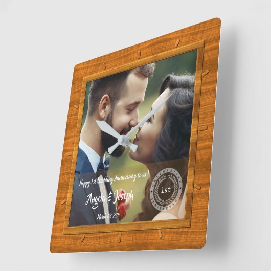 1周年記念結婚写真木目テクスチャ時計 スクエア壁時計 (傾斜)