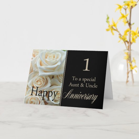 1周年記念結婚叔母と伯父ピンクのバラ カード (黄色い花)
