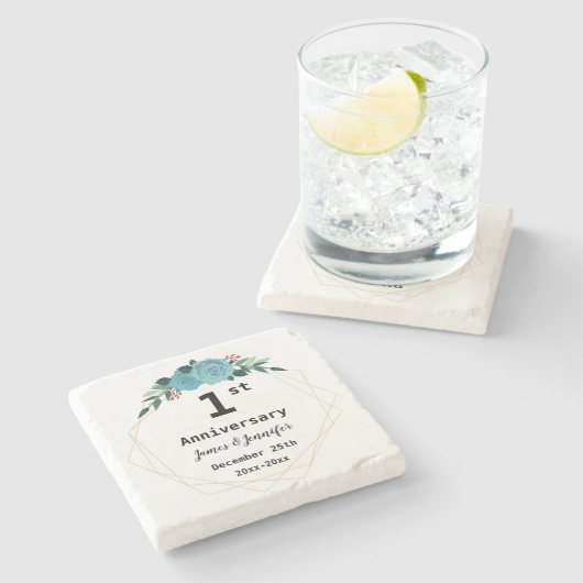 1周年記念結婚名前をカスタムすると年 ストーンコースター (横)