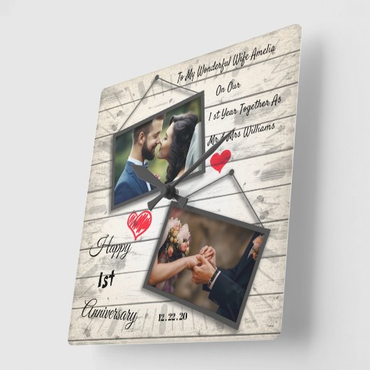 1周年記念結婚木製の写真時計 スクエア壁時計 (傾斜)