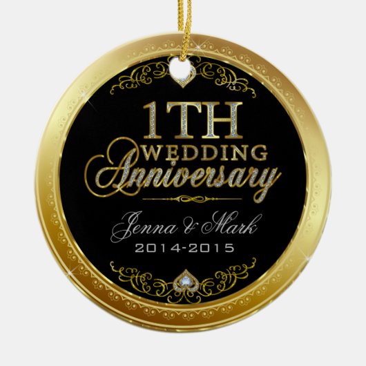 1周年記念結婚金ゴールドとダイヤモンド セラミックオーナメント (正面)