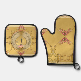 1周年記念結婚金ハートエンブレム 鍋つかみ&鍋敷きセット