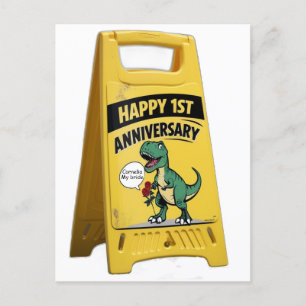1周年 ティラノサウルス・レックス 赤いバラ 黄色のプラスチックの看板 ポストカード